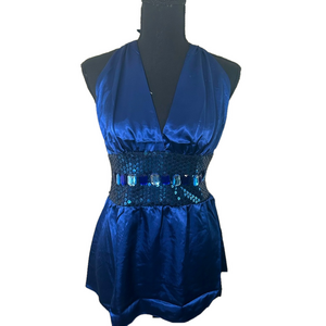 Jasmine KC Women’s Sequined and Bedazzled Royal Blue Halter Top, Size L